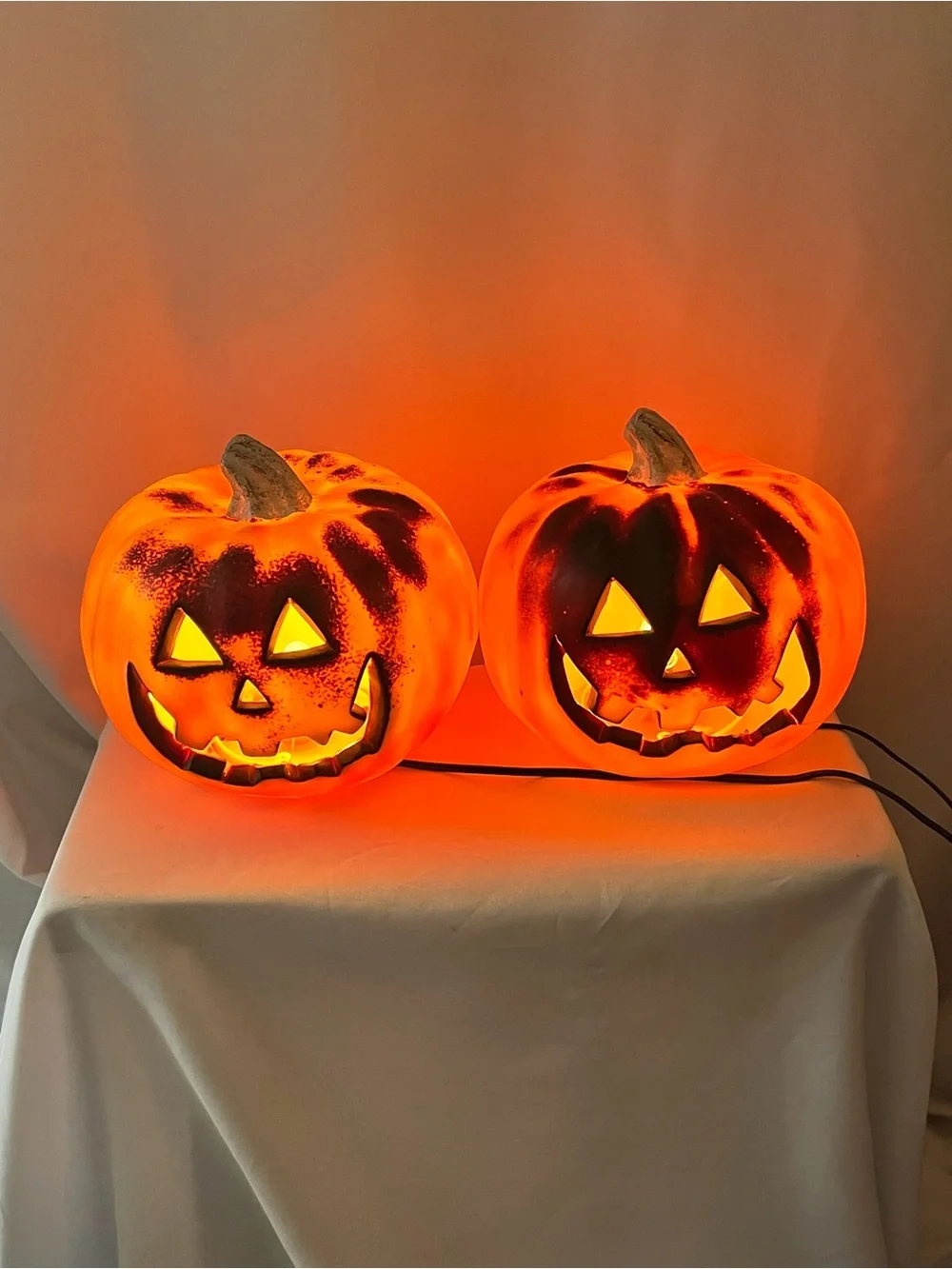 Vintage Pair Lighted Jack O’ Lantern Pumpkin Halloween Blow Mold Table Decor